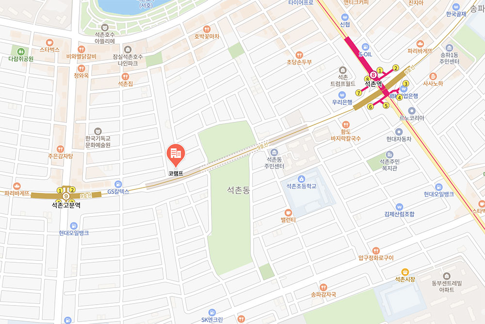 한국 지역의 코램프 매장 위치를 보여주는 지도로 주변 도로와 랜드마크가 함께 표시되어 있으며 빨간색 선으로 접근 경로가 강조된 지역 안내도이다