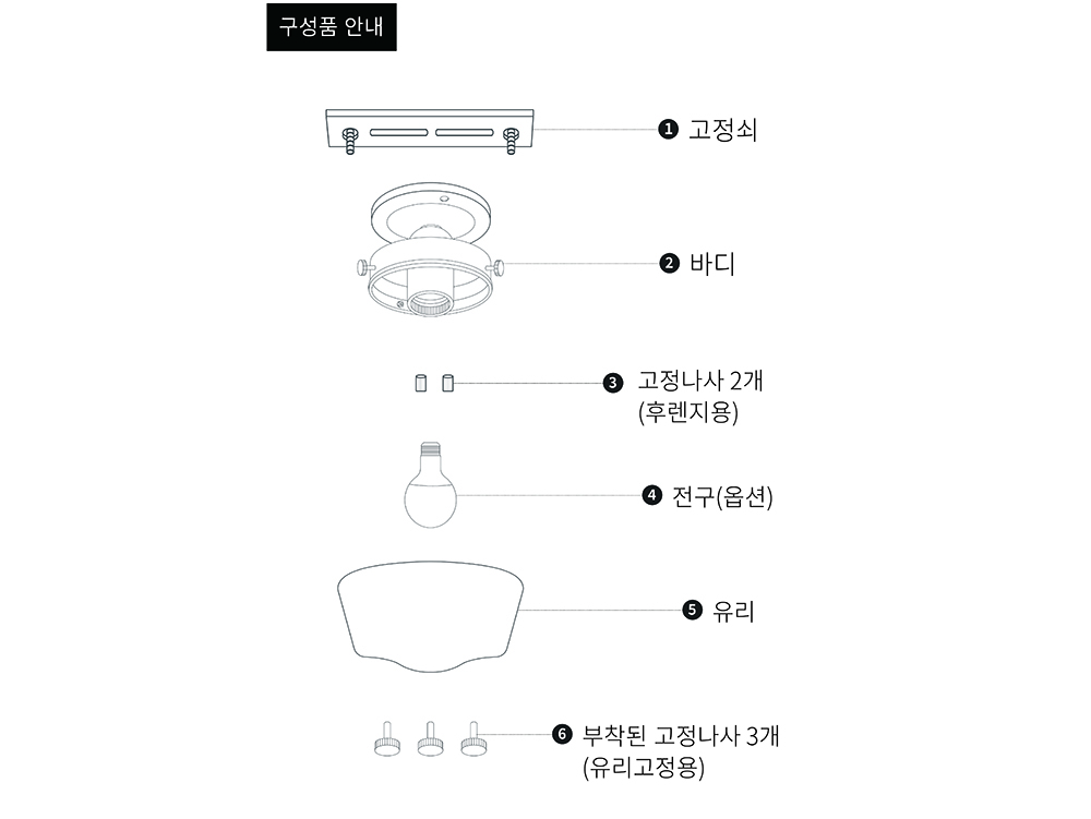 고정쇠 바디 전구 유리로 구성된 현관등 조립 안내도입니다.