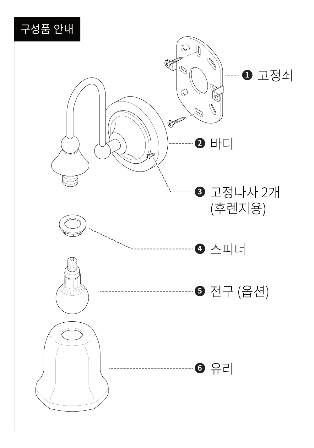벽등 구성품 조립 설명서로 고정쇠, 바디, 고정나사, 스피너, 전구, 유리 쉐이드 등 부품 구성을 보여줍니다.